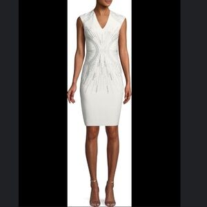 pH15 Womans Embroidered V-Neck Sheath Dress in Off White Silver Size Large